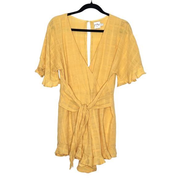 PRICESS POLLY Karin Romper Yellow Gauze Ruffled Trim Waist Tie Casual Women's 6 - Picture 1 of 15